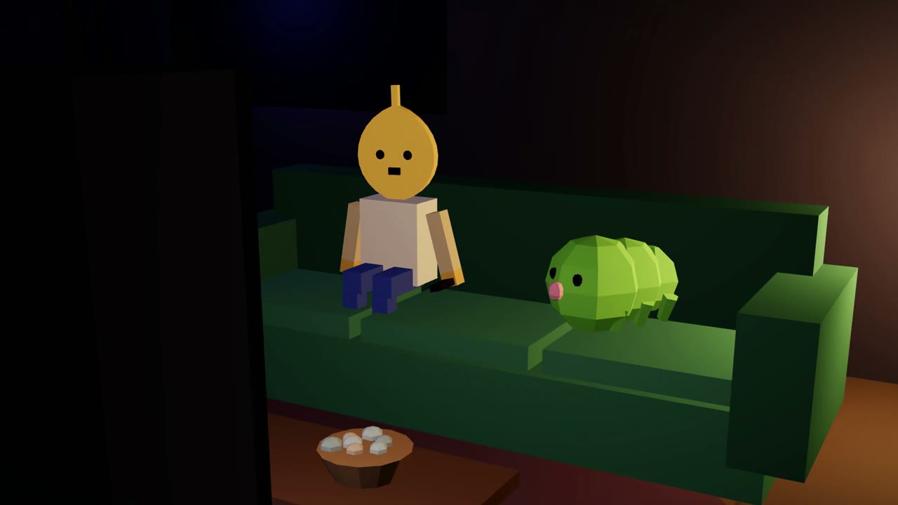 Fig, a figure with a gold fig-leaf head, and Moss, a green tardigrade, on a couch facing a TV.