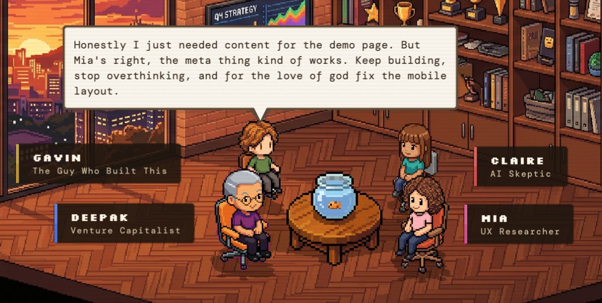 Four pixel-art AI panelists debating an idea around a roundtable.